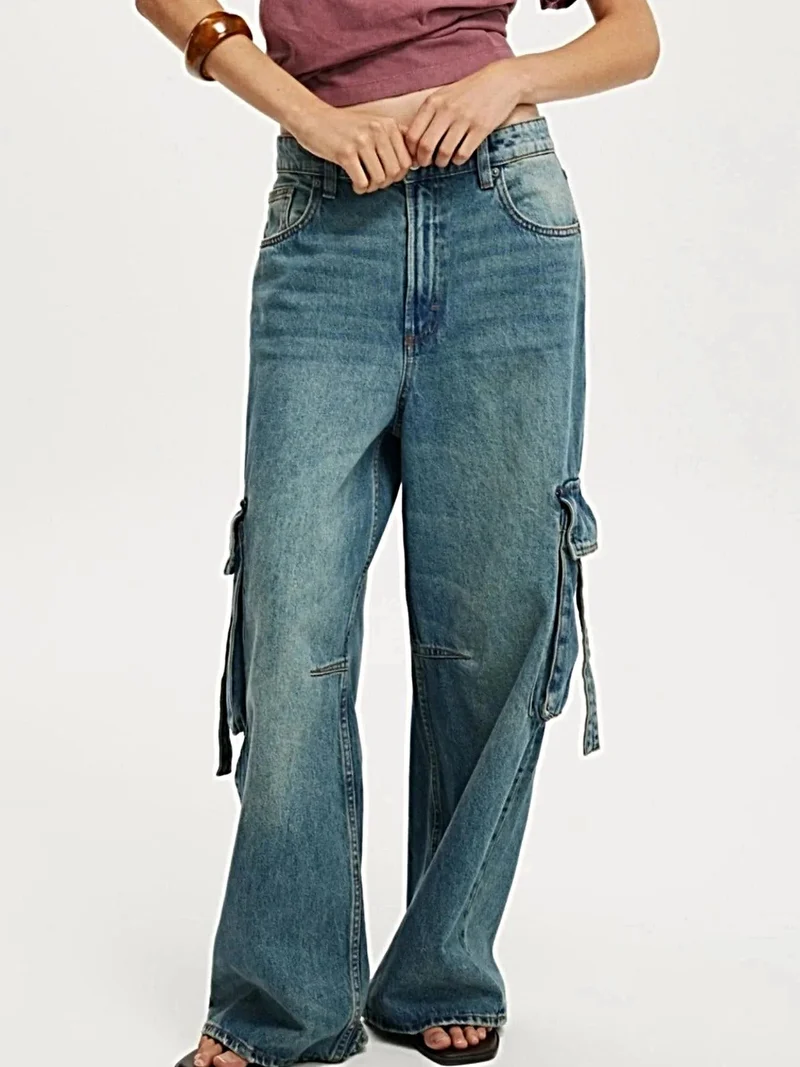 Vintage wassing, wijde cargo jeans - 85% katoen, met zakken, stijlvolle pasvorm