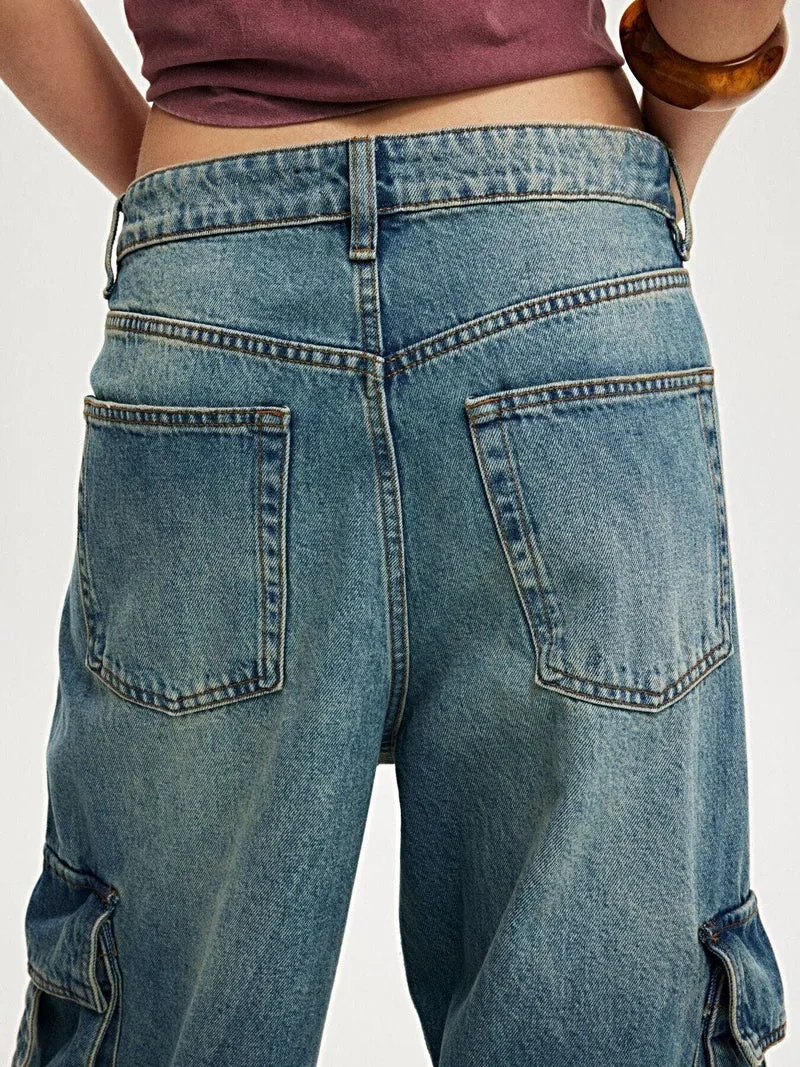 Vintage wassing, wijde cargo jeans - 85% katoen, met zakken, stijlvolle pasvorm