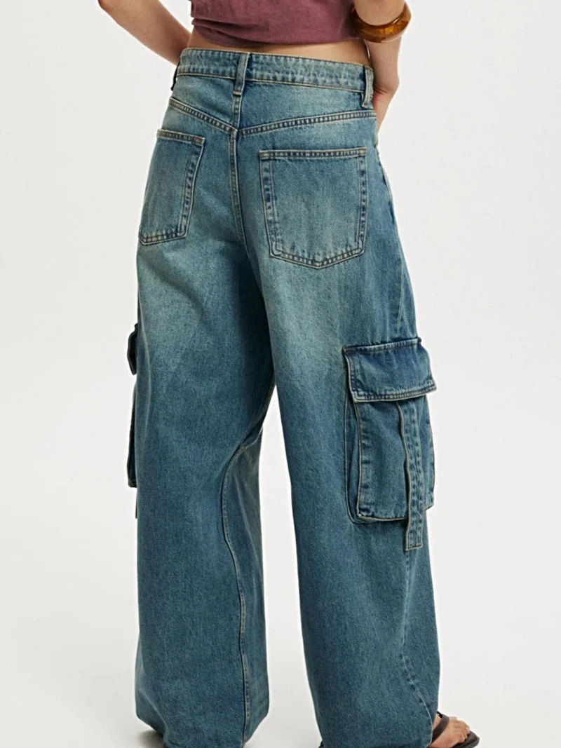 Vintage wassing, wijde cargo jeans - 85% katoen, met zakken, stijlvolle pasvorm