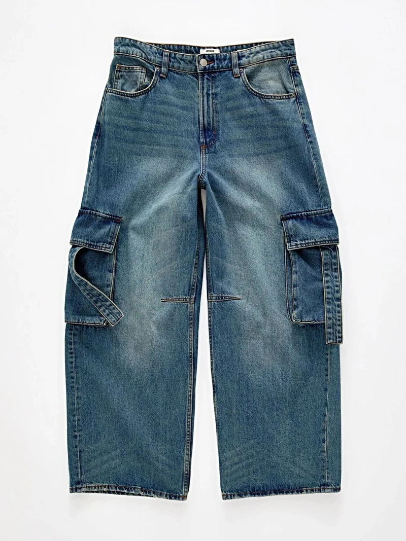 Vintage wassing, wijde cargo jeans - 85% katoen, met zakken, stijlvolle pasvorm