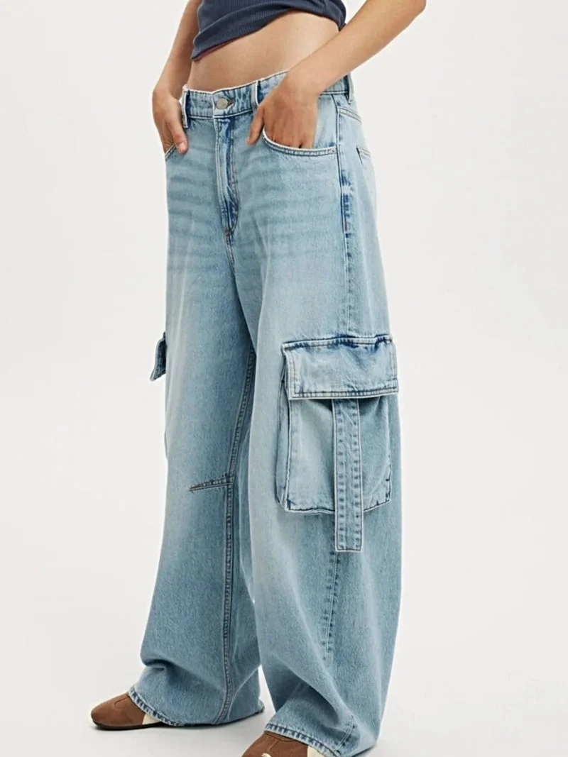 Vintage wassing, wijde cargo jeans - 85% katoen, met zakken, stijlvolle pasvorm