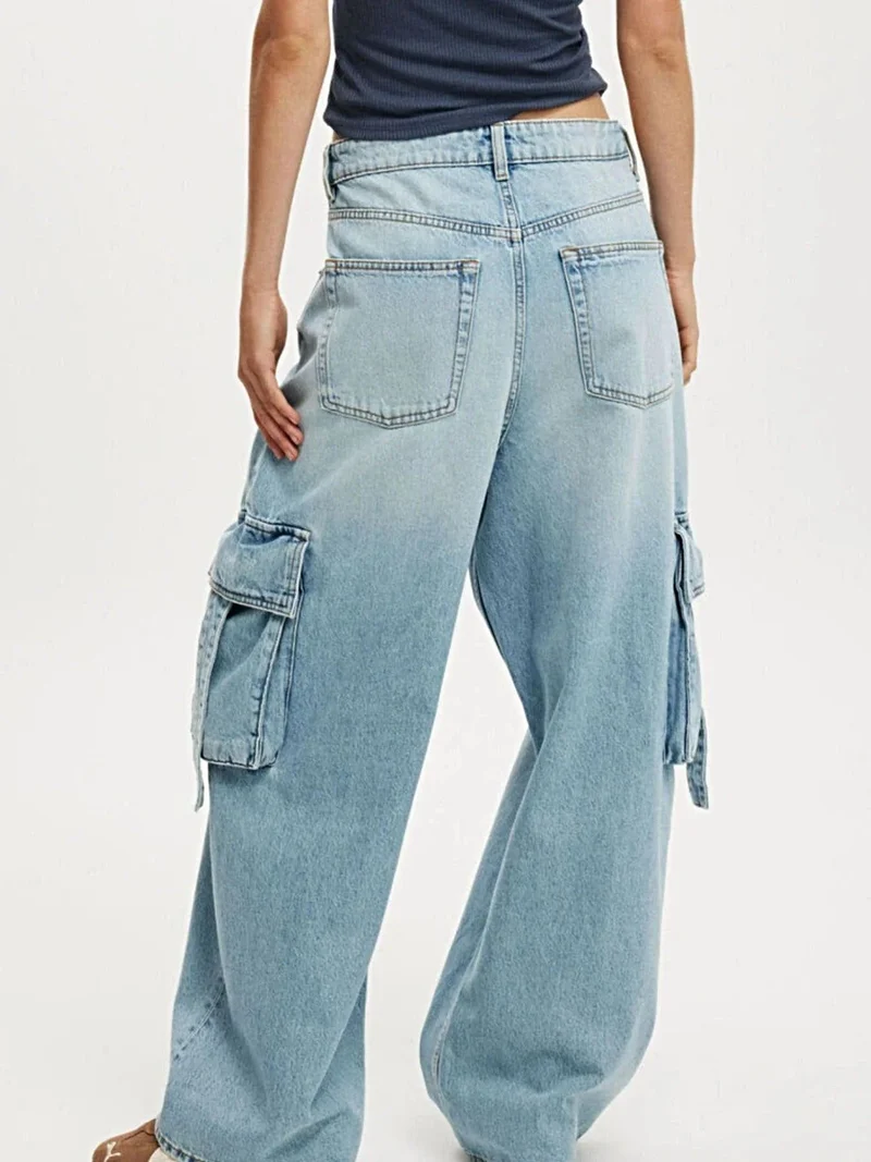 Vintage wassing, wijde cargo jeans - 85% katoen, met zakken, stijlvolle pasvorm