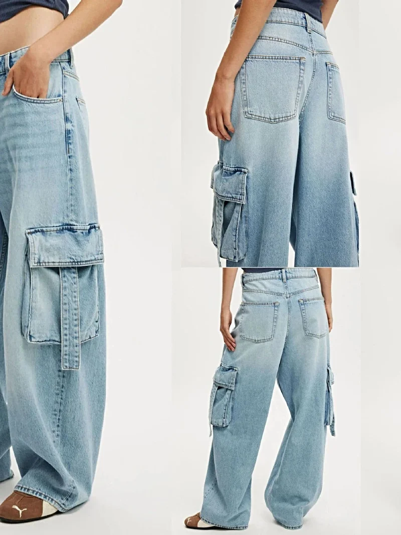 Vintage wassing, wijde cargo jeans - 85% katoen, met zakken, stijlvolle pasvorm