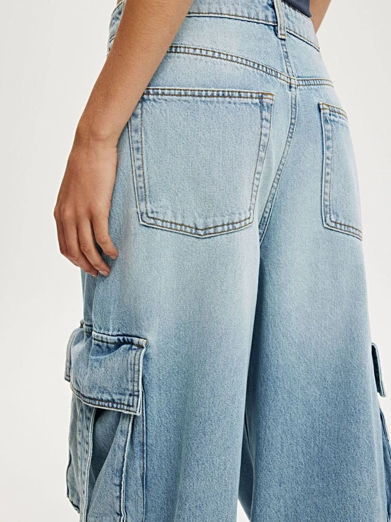 Vintage wassing, wijde cargo jeans - 85% katoen, met zakken, stijlvolle pasvorm