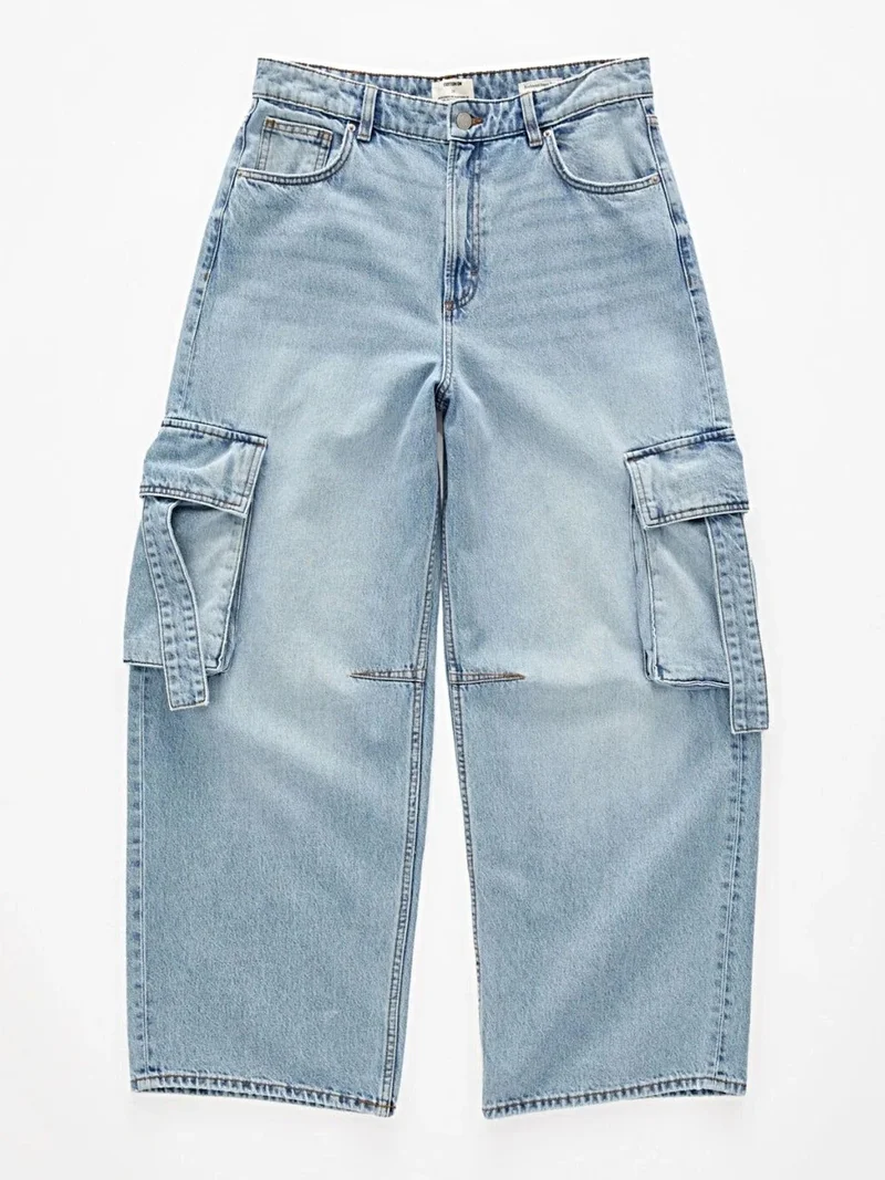 Vintage wassing, wijde cargo jeans - 85% katoen, met zakken, stijlvolle pasvorm