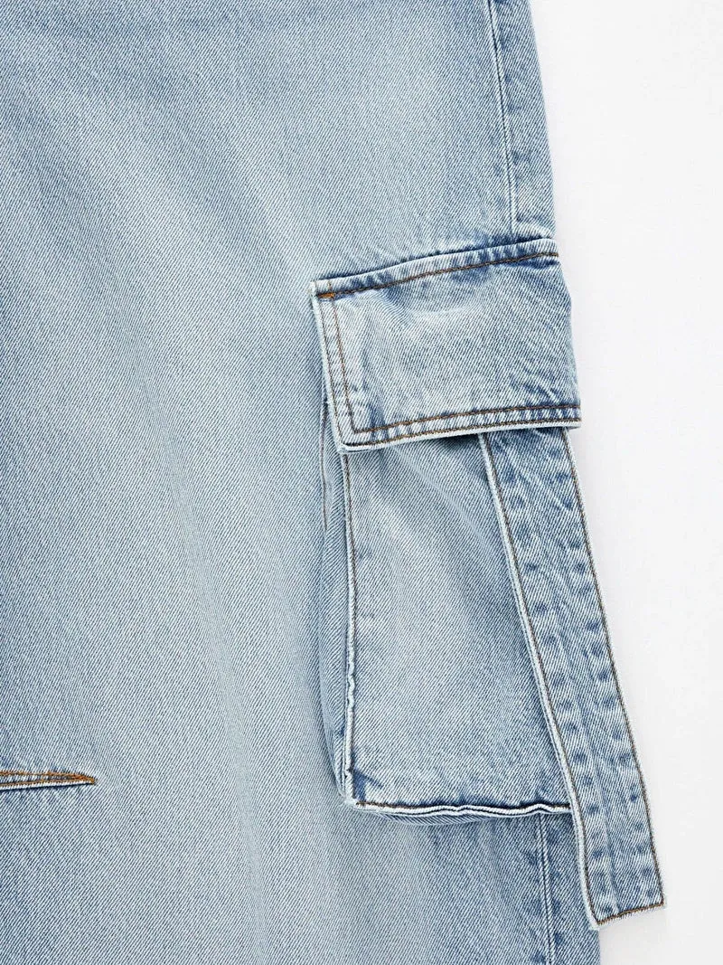 Vintage wassing, wijde cargo jeans - 85% katoen, met zakken, stijlvolle pasvorm