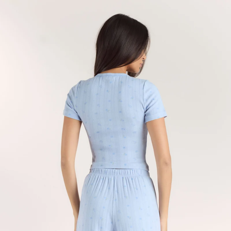 Pointelle Fitted Pyjama Top - Blauwe Bloemenprint