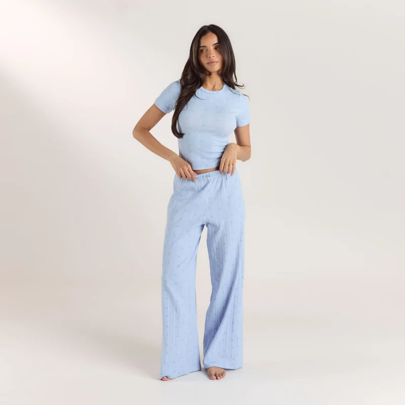 Pointelle Fitted Pyjama Top - Blauwe Bloemenprint