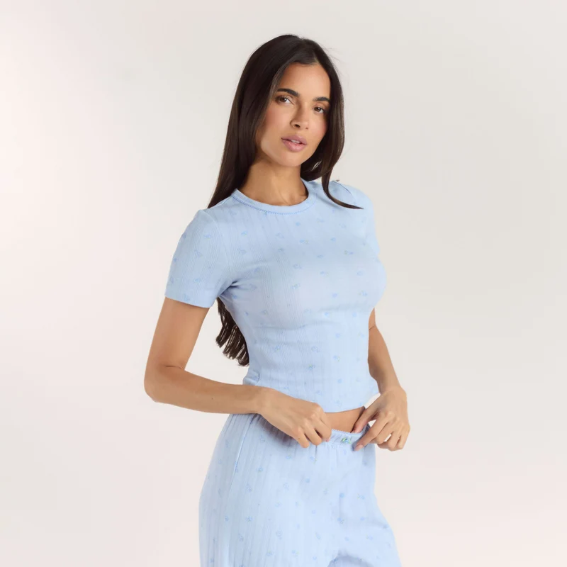 Pointelle Fitted Pyjama Top - Blauwe Bloemenprint