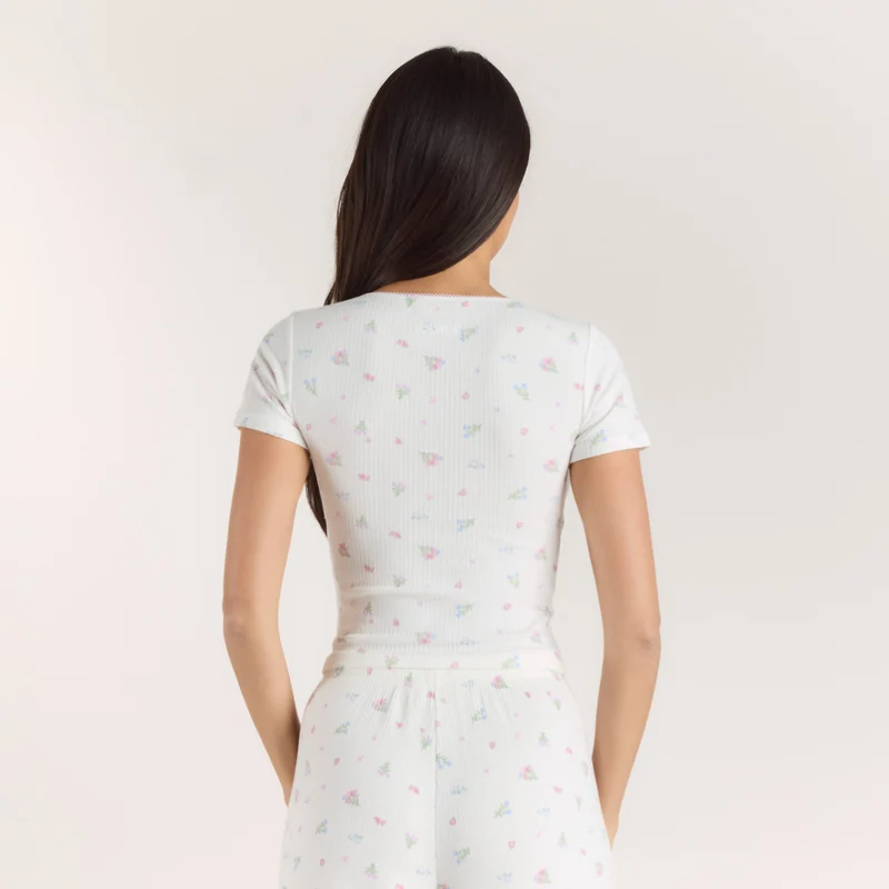 Ribbed Pyjama Top met korte mouwen - Witte Bloemenprint