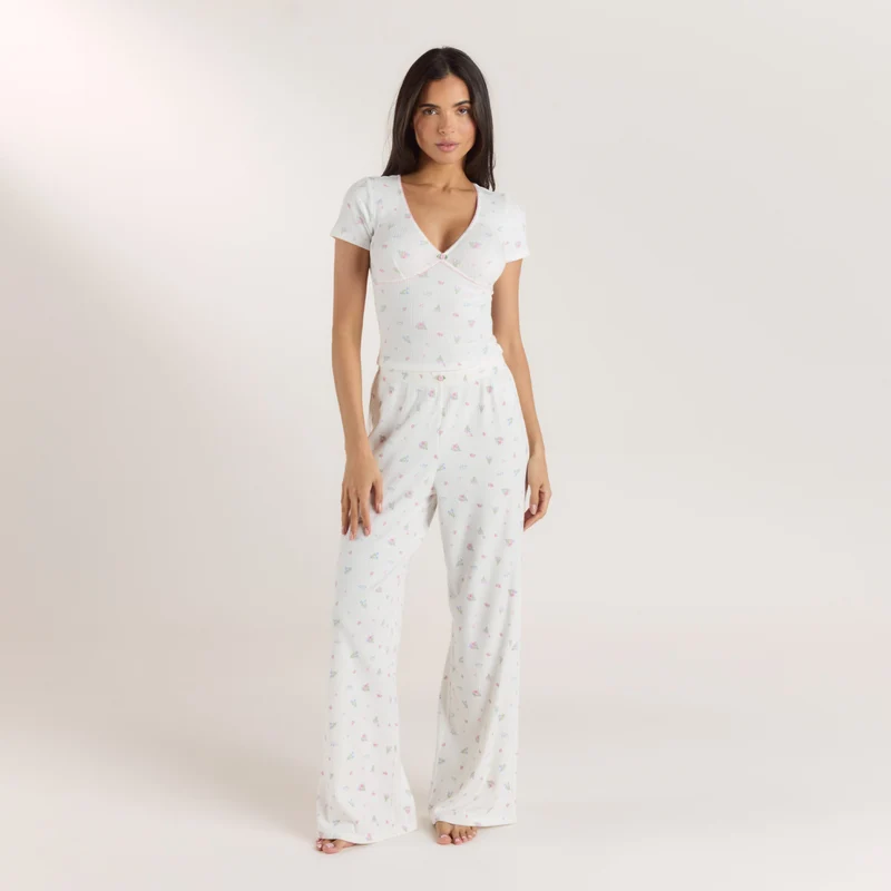 Ribbed Pyjama Top met korte mouwen - Witte Bloemenprint