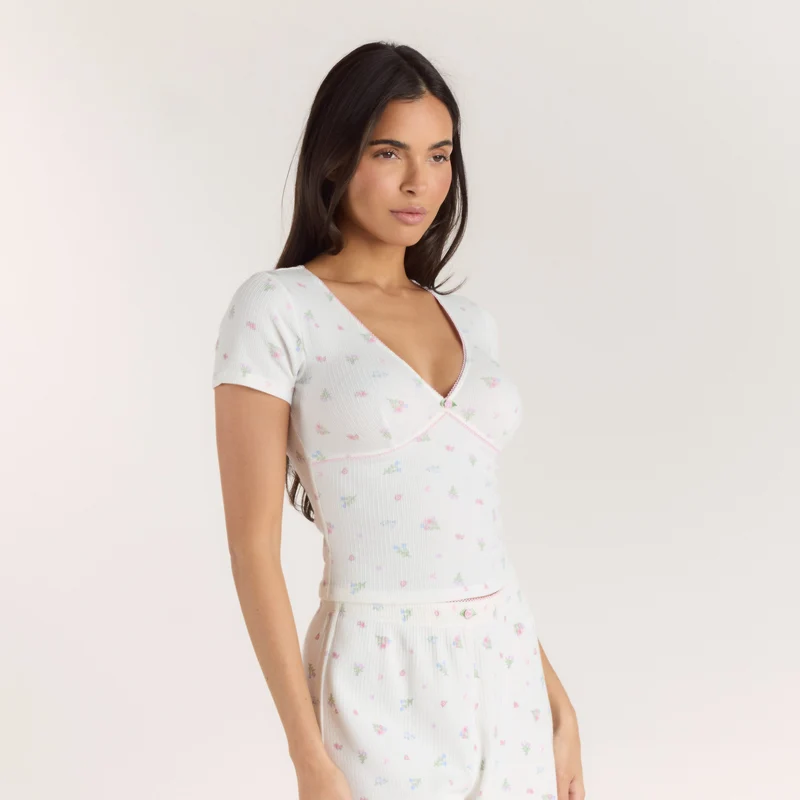 Ribbed Pyjama Top met korte mouwen - Witte Bloemenprint