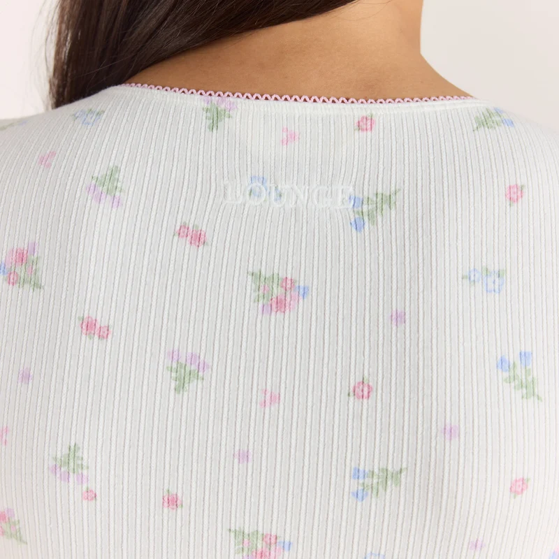 Ribbed Pyjama Top met korte mouwen - Witte Bloemenprint