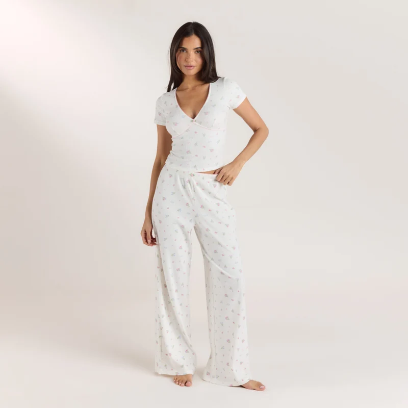 Ribbed Pyjama Broek - Witte Bloemenprint