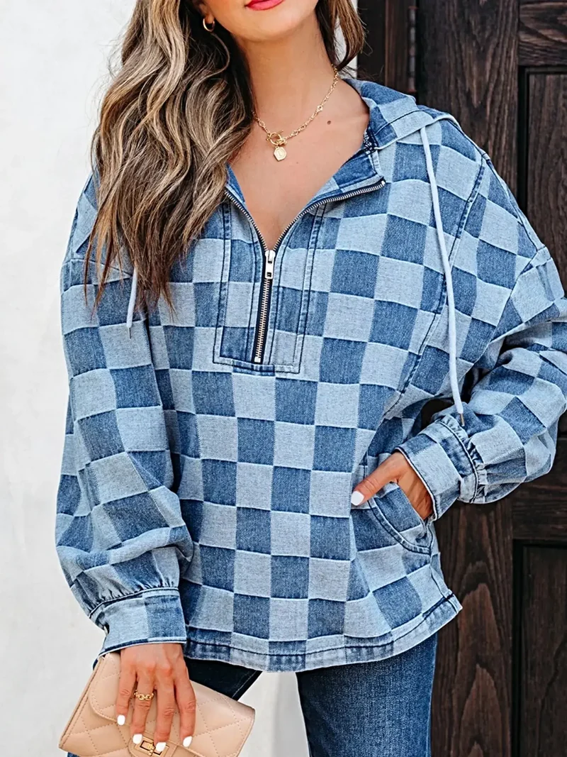 Chique geruite denim hoodie met halve rits, zak en trekkoord - Stijlvol en comfortabel