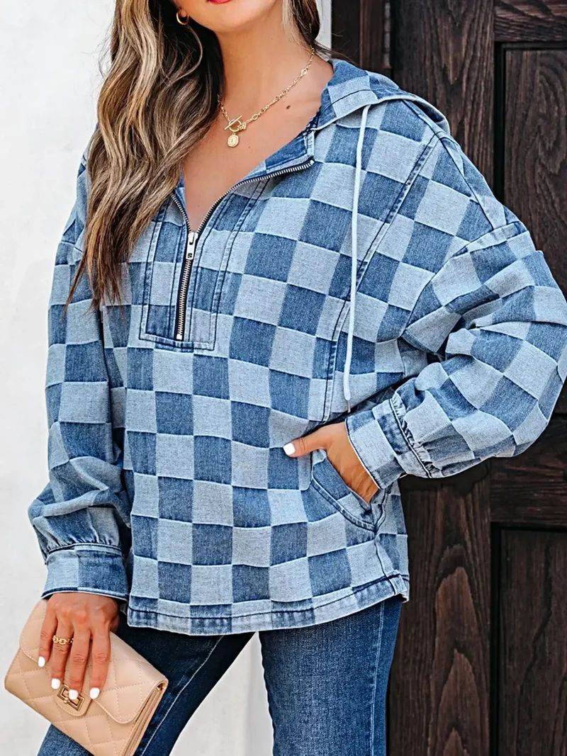Chique geruite denim hoodie met halve rits, zak en trekkoord - Stijlvol en comfortabel