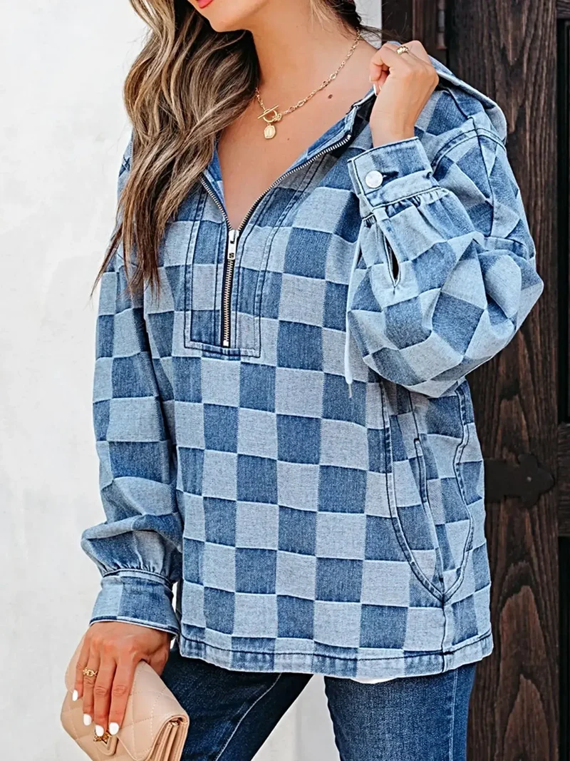 Chique geruite denim hoodie met halve rits, zak en trekkoord - Stijlvol en comfortabel