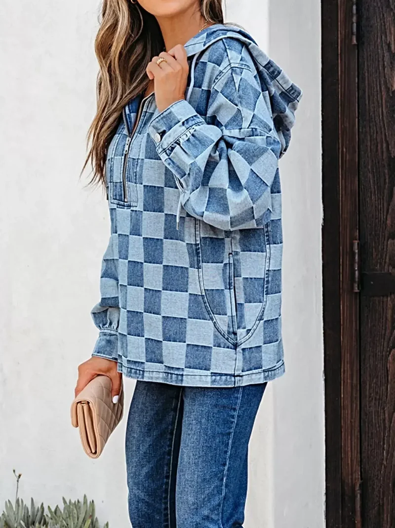 Chique geruite denim hoodie met halve rits, zak en trekkoord - Stijlvol en comfortabel