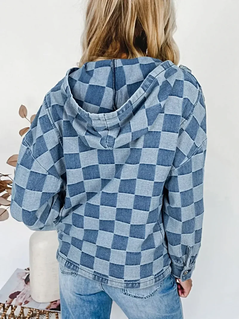 Chique geruite denim hoodie met halve rits, zak en trekkoord - Stijlvol en comfortabel