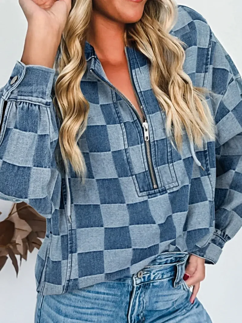 Chique geruite denim hoodie met halve rits, zak en trekkoord - Stijlvol en comfortabel