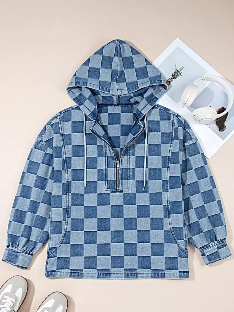 Chique geruite denim hoodie met halve rits, zak en trekkoord - Stijlvol en comfortabel