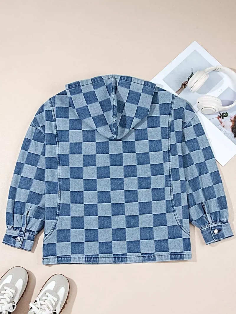 Chique geruite denim hoodie met halve rits, zak en trekkoord - Stijlvol en comfortabel