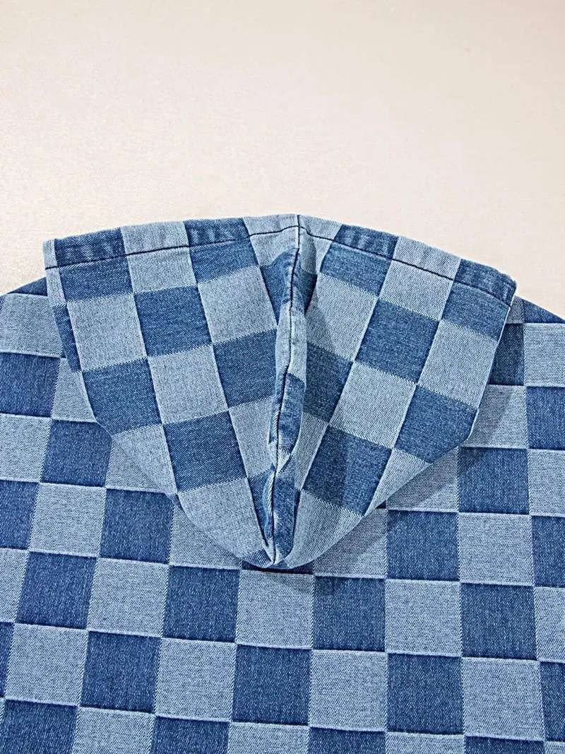 Chique geruite denim hoodie met halve rits, zak en trekkoord - Stijlvol en comfortabel