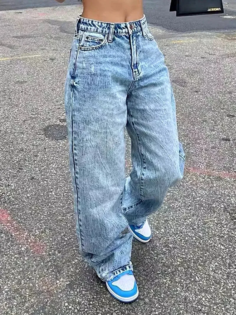 Stijlvolle, wijde jeans met wassing voor dames - met zakken, 85% katoen, geen stretch