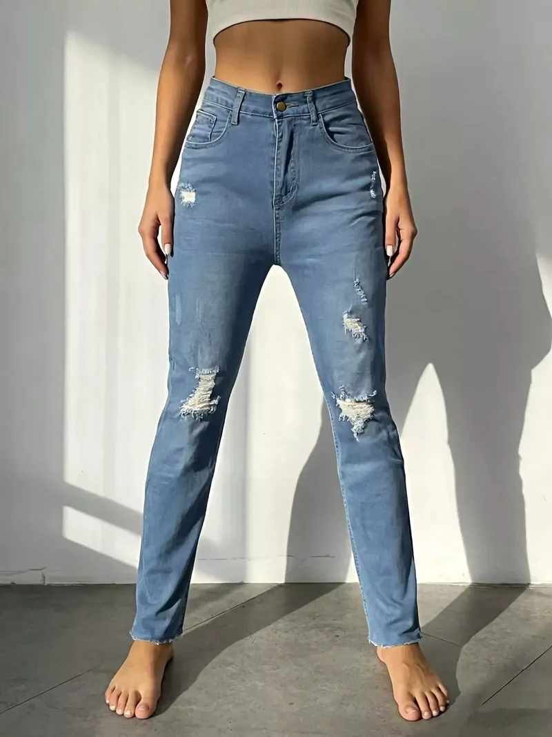 Luxe jeans met hoge taille en verwassen look - Licht elastisch, klassieke pasvorm, trendy stijl