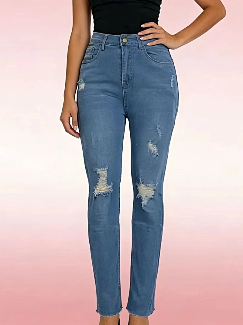 Luxe jeans met hoge taille en verwassen look - Licht elastisch, klassieke pasvorm, trendy stijl