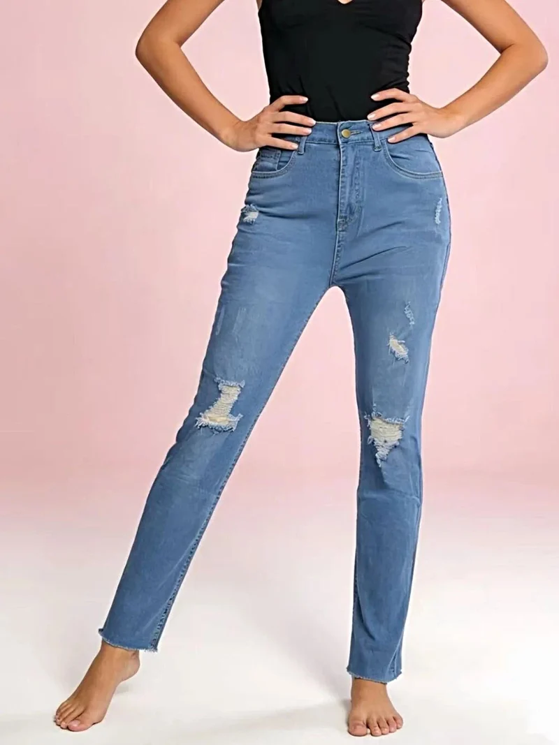 Luxe jeans met hoge taille en verwassen look - Licht elastisch, klassieke pasvorm, trendy stijl