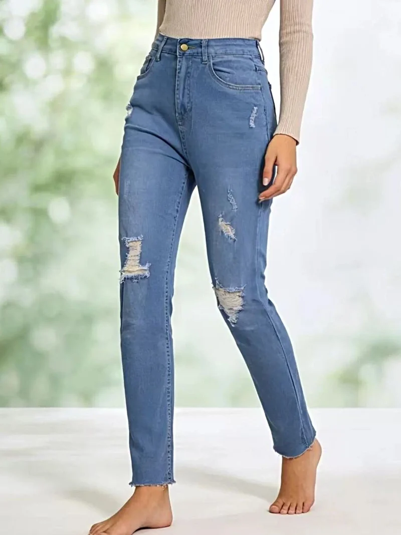 Luxe jeans met hoge taille en verwassen look - Licht elastisch, klassieke pasvorm, trendy stijl