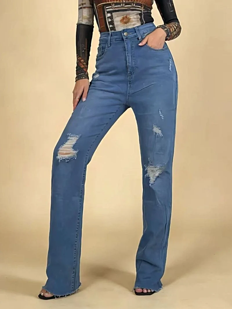 Luxe jeans met hoge taille en verwassen look - Licht elastisch, klassieke pasvorm, trendy stijl