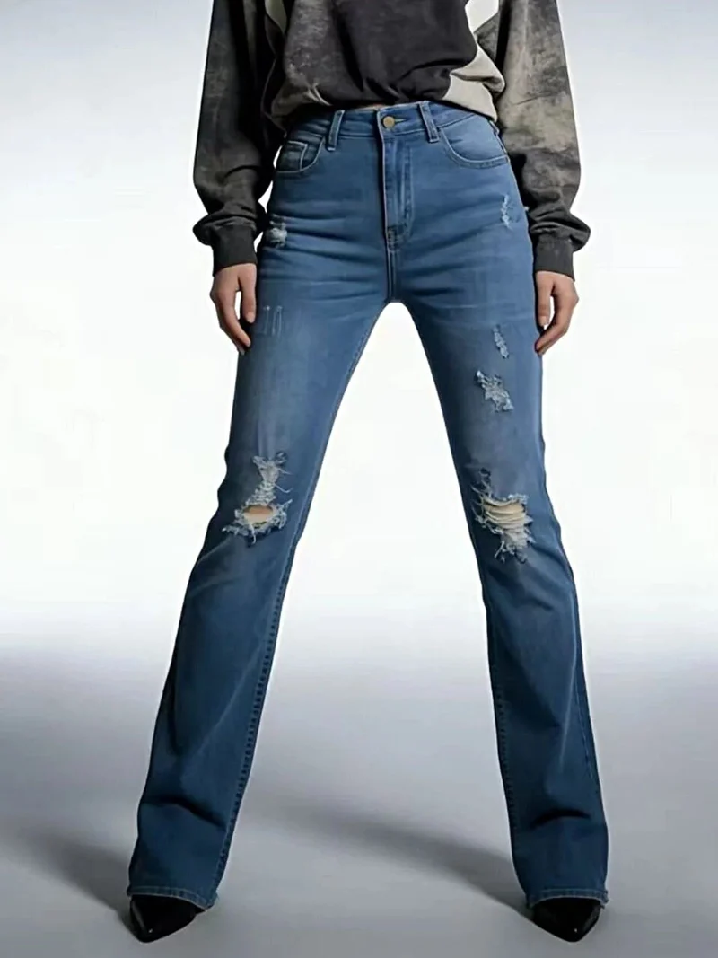 Luxe jeans met hoge taille en verwassen look - Licht elastisch, klassieke pasvorm, trendy stijl