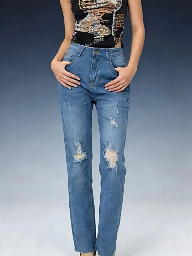 Luxe jeans met hoge taille en verwassen look - Licht elastisch, klassieke pasvorm, trendy stijl