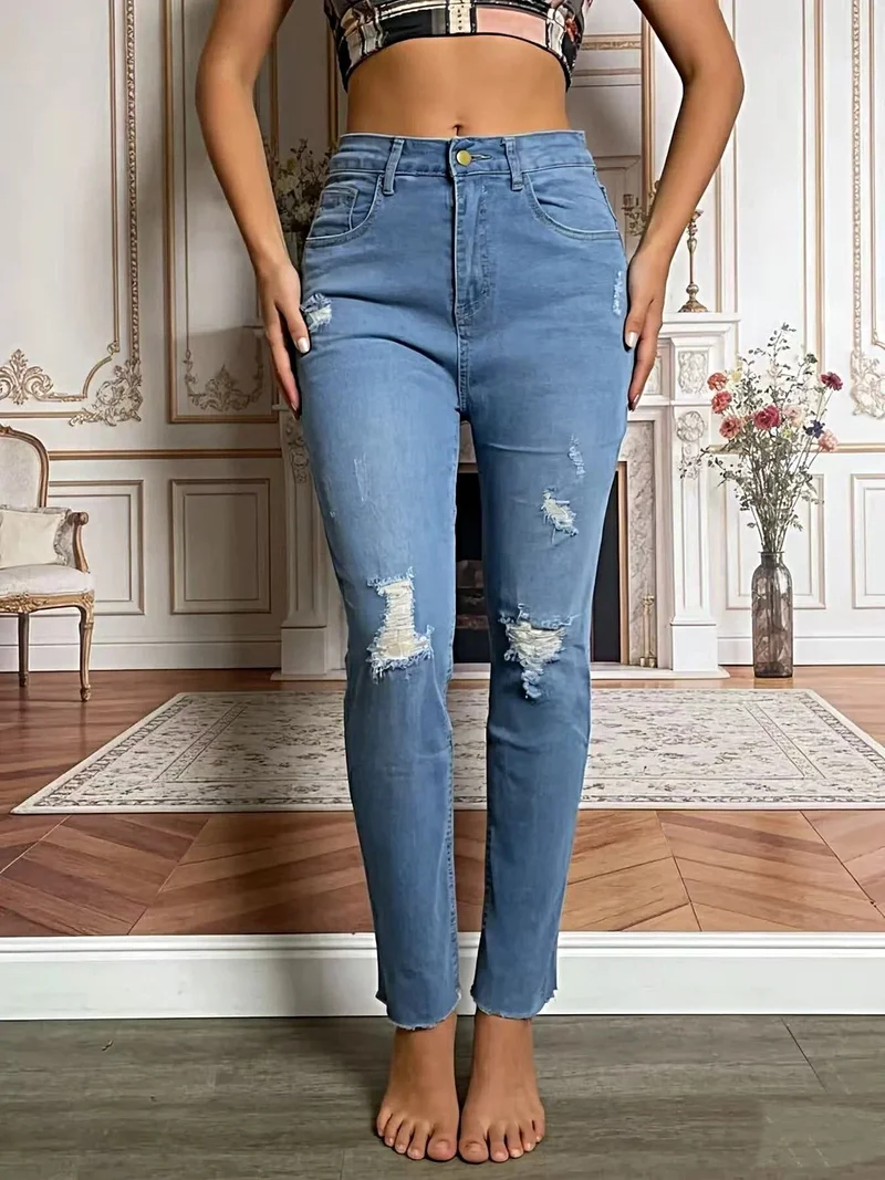 Luxe jeans met hoge taille en verwassen look - Licht elastisch, klassieke pasvorm, trendy stijl