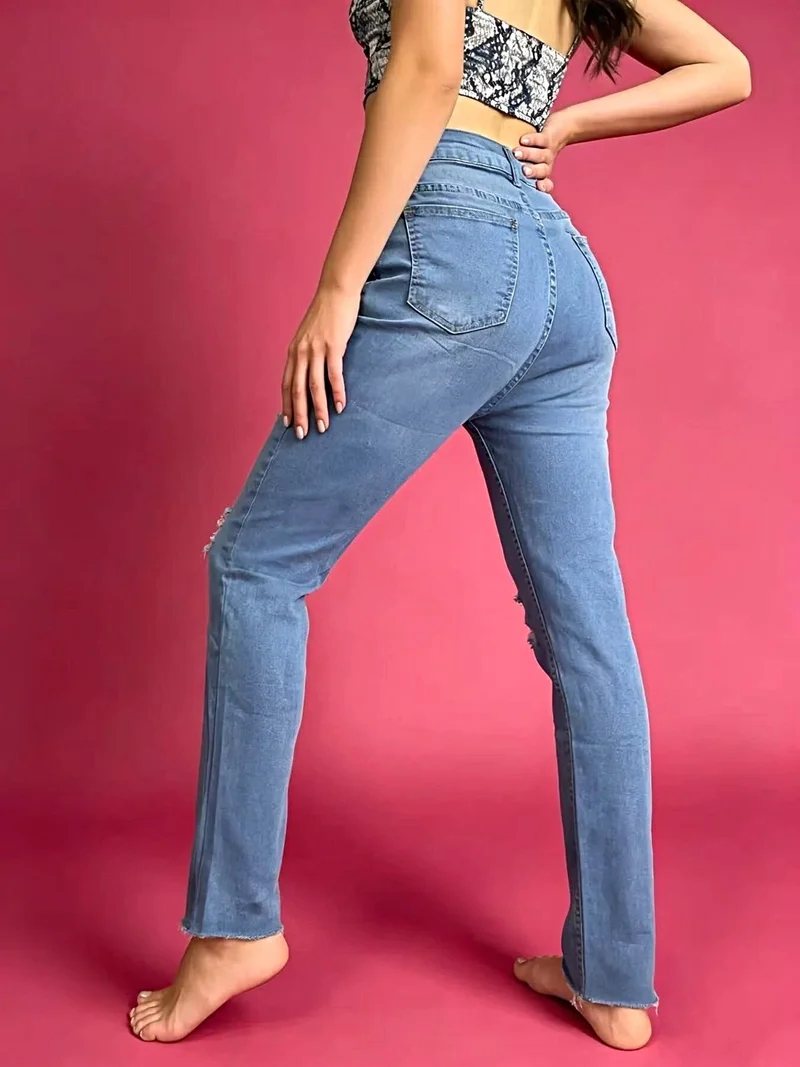 Luxe jeans met hoge taille en verwassen look - Licht elastisch, klassieke pasvorm, trendy stijl