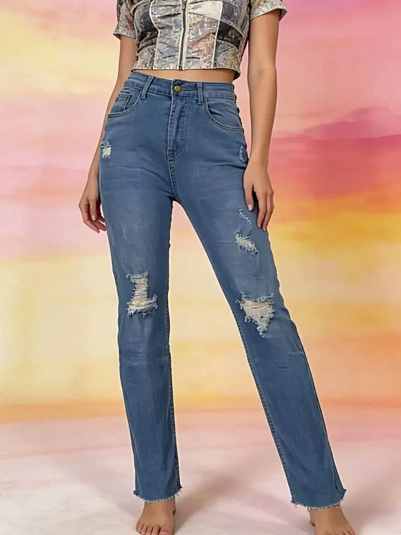 Luxe jeans met hoge taille en verwassen look - Licht elastisch, klassieke pasvorm, trendy stijl