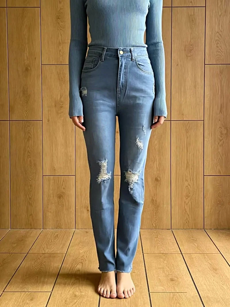 Luxe jeans met hoge taille en verwassen look - Licht elastisch, klassieke pasvorm, trendy stijl