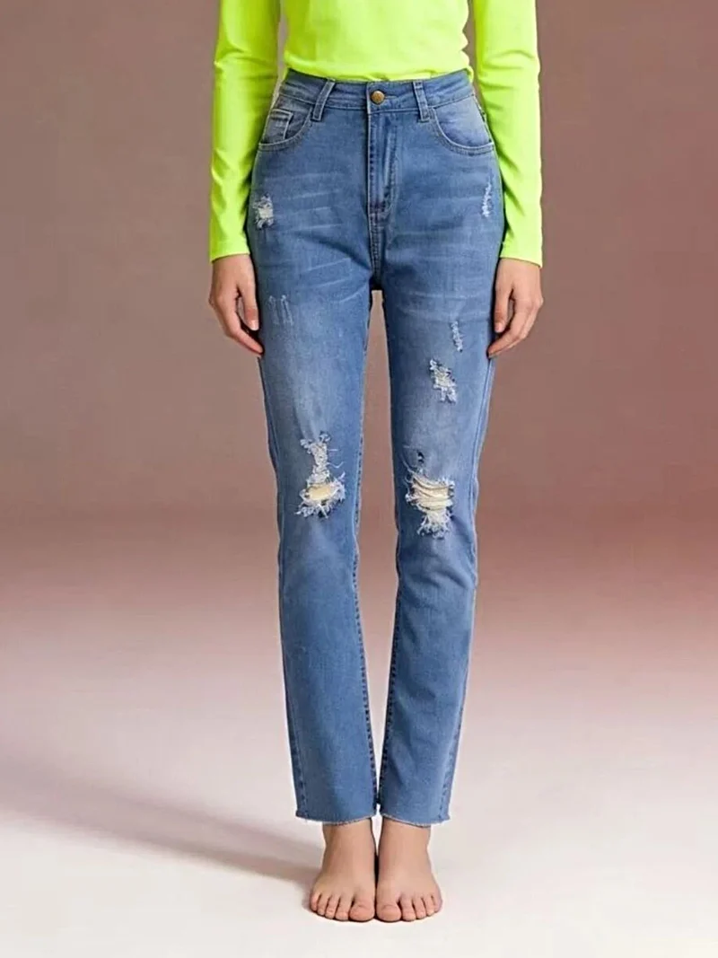 Luxe jeans met hoge taille en verwassen look - Licht elastisch, klassieke pasvorm, trendy stijl