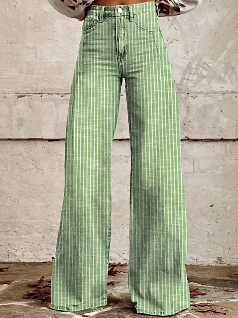 Luxe gestreepte jeans met wijde pijpen en zakken – hoge taille, niet-elastische stof