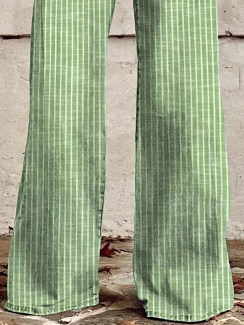 Luxe gestreepte jeans met wijde pijpen en zakken – hoge taille, niet-elastische stof