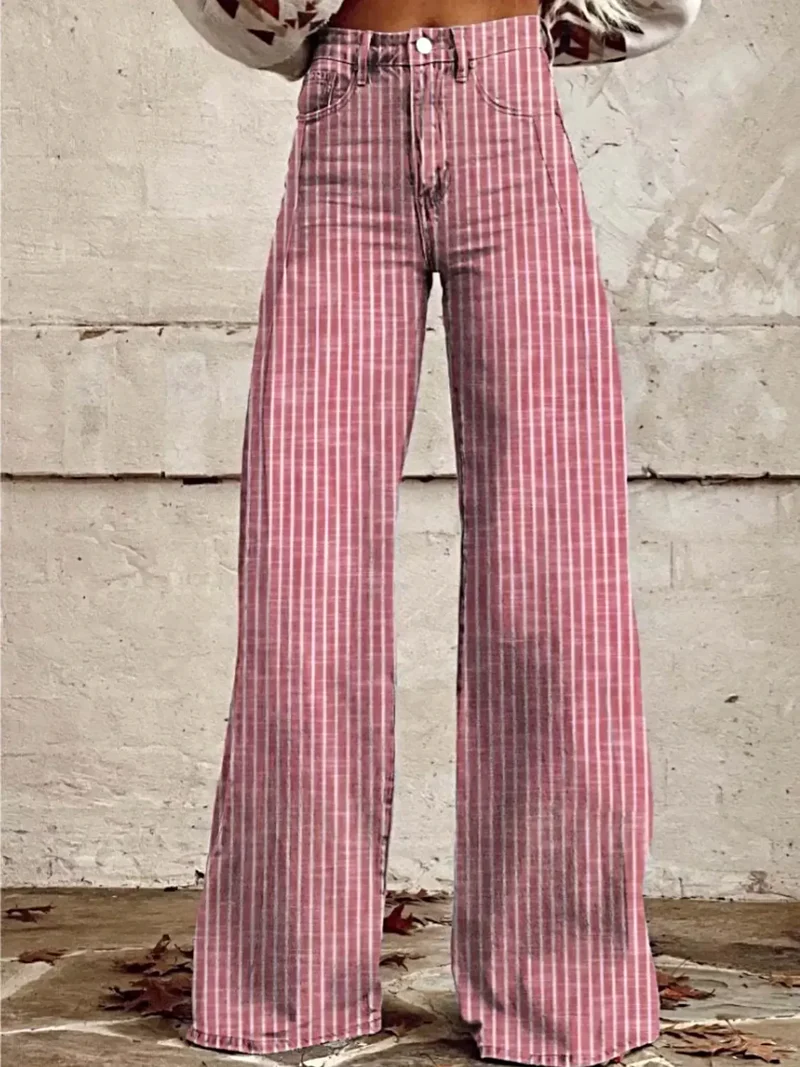 Luxe gestreepte jeans met wijde pijpen en zakken – hoge taille, niet-elastische stof