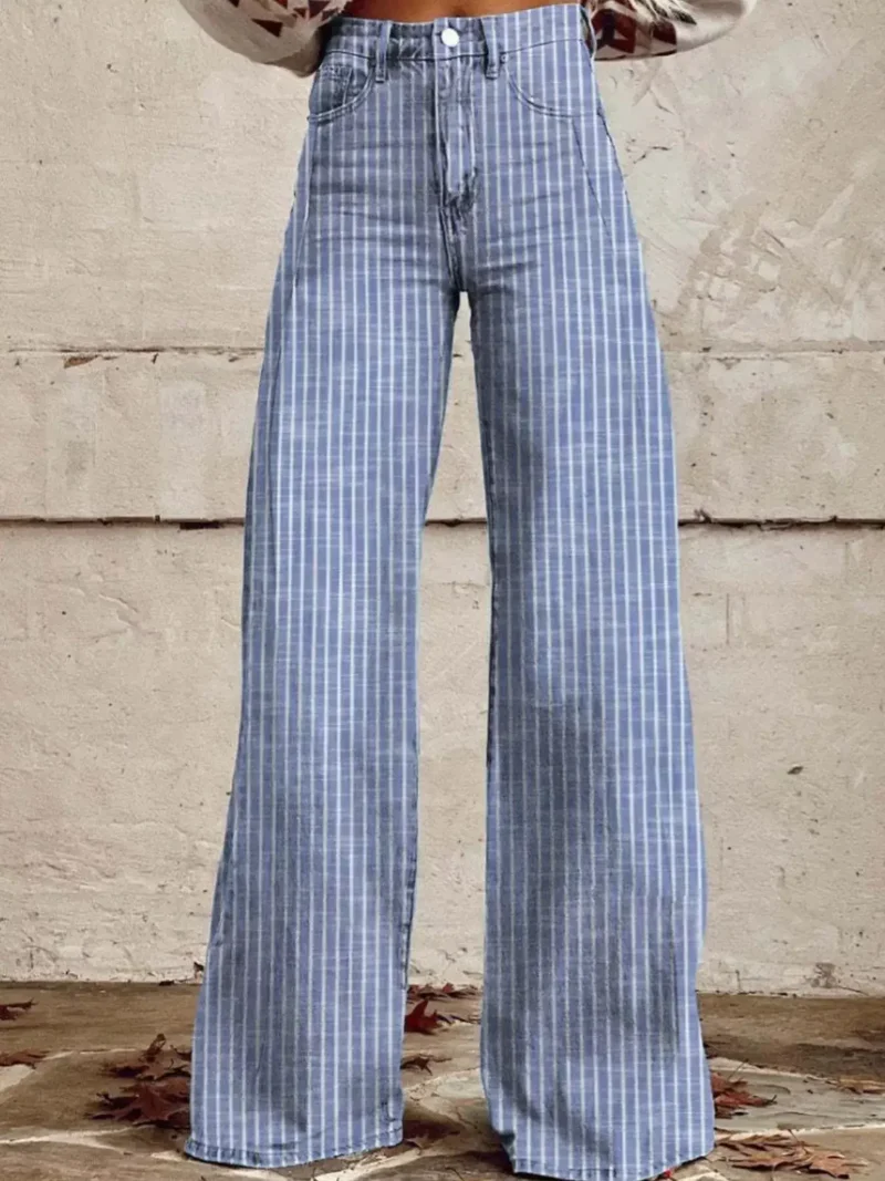 Luxe gestreepte jeans met wijde pijpen en zakken – hoge taille, niet-elastische stof