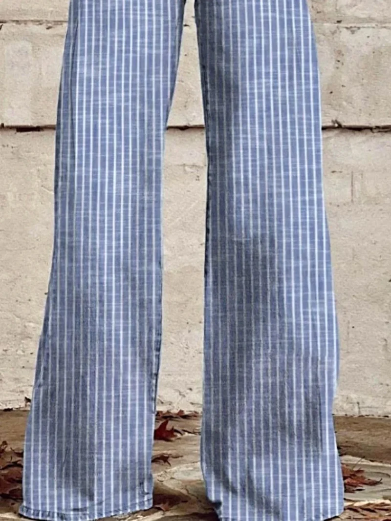 Luxe gestreepte jeans met wijde pijpen en zakken – hoge taille, niet-elastische stof