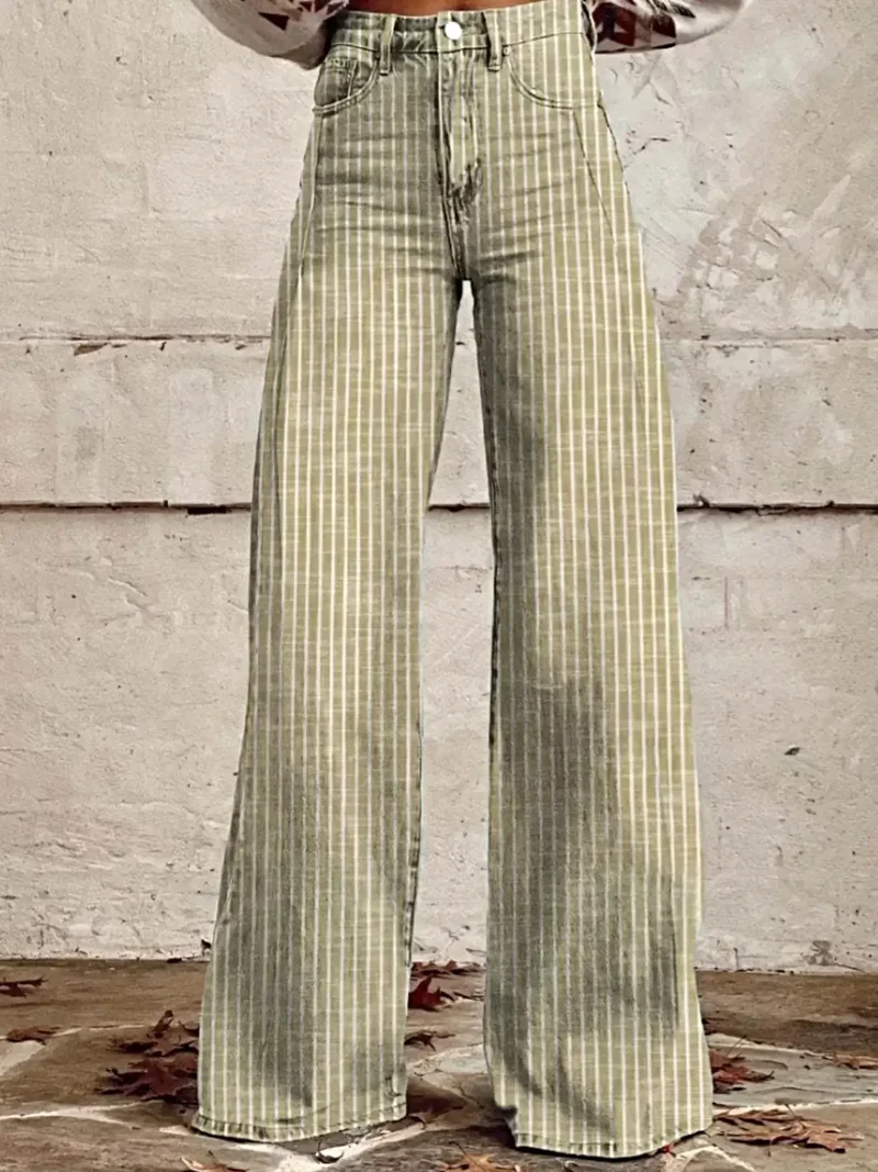 Luxe gestreepte jeans met wijde pijpen en zakken – hoge taille, niet-elastische stof