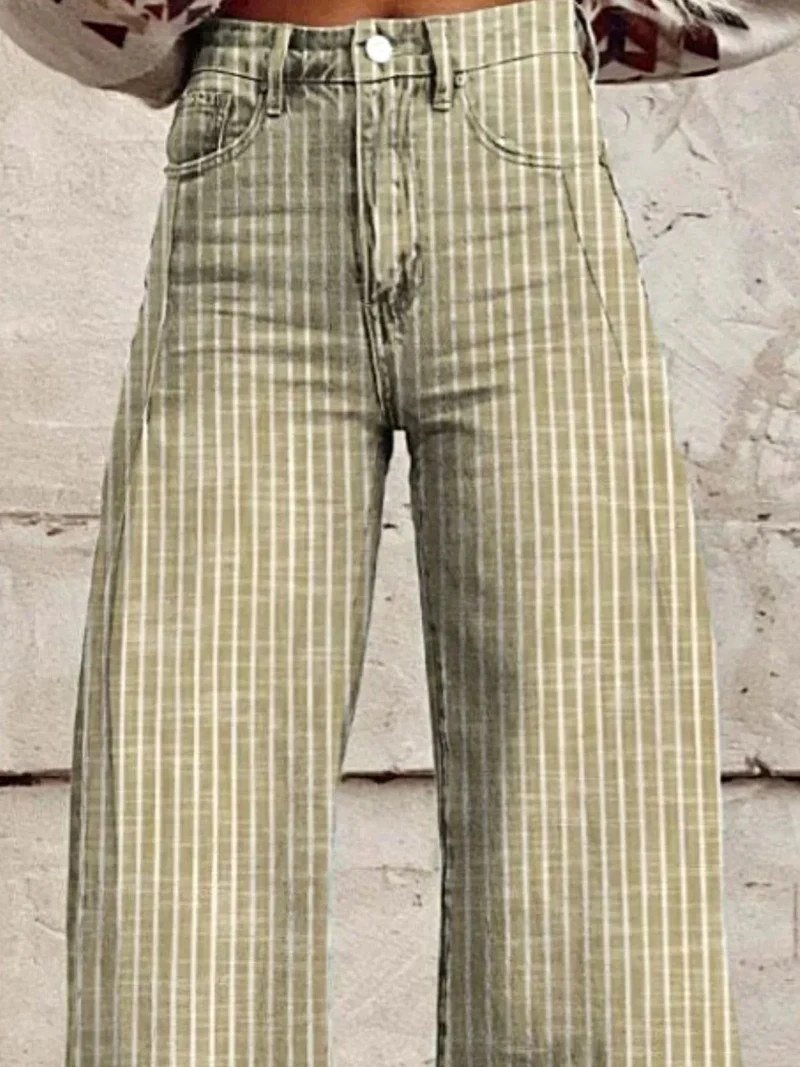 Luxe gestreepte jeans met wijde pijpen en zakken – hoge taille, niet-elastische stof