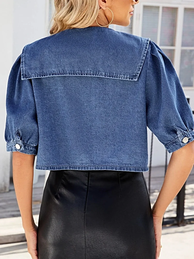 Trendy denim blouse met pofmouwen en knoopsluiting - 90% rayon, modieuze pasvorm
