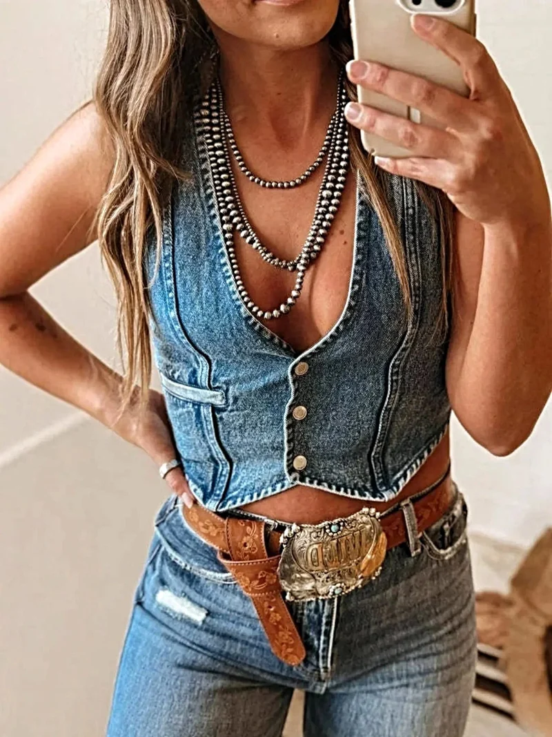 Stijlvol vintage denim vest met zakken met knoopsluiting - casual chic voor elke gelegenheid