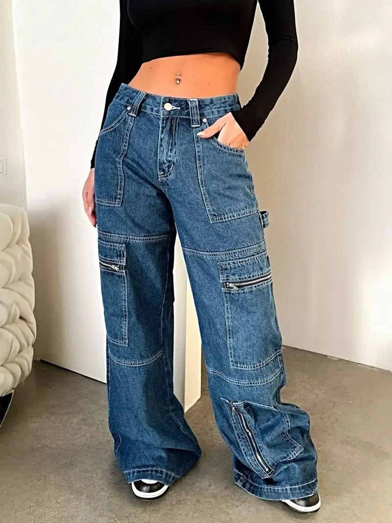 Stijlvolle cargo jeans met wijde pijpen en ritszakken – 85% katoen, 15% polyester